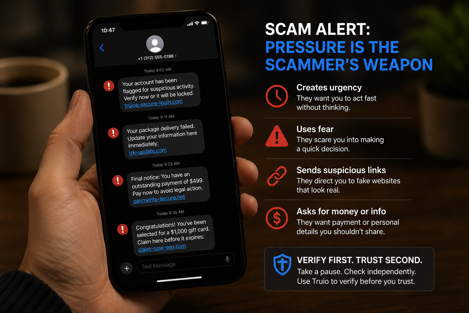 Phone showing urgent scam messages and suspicious links